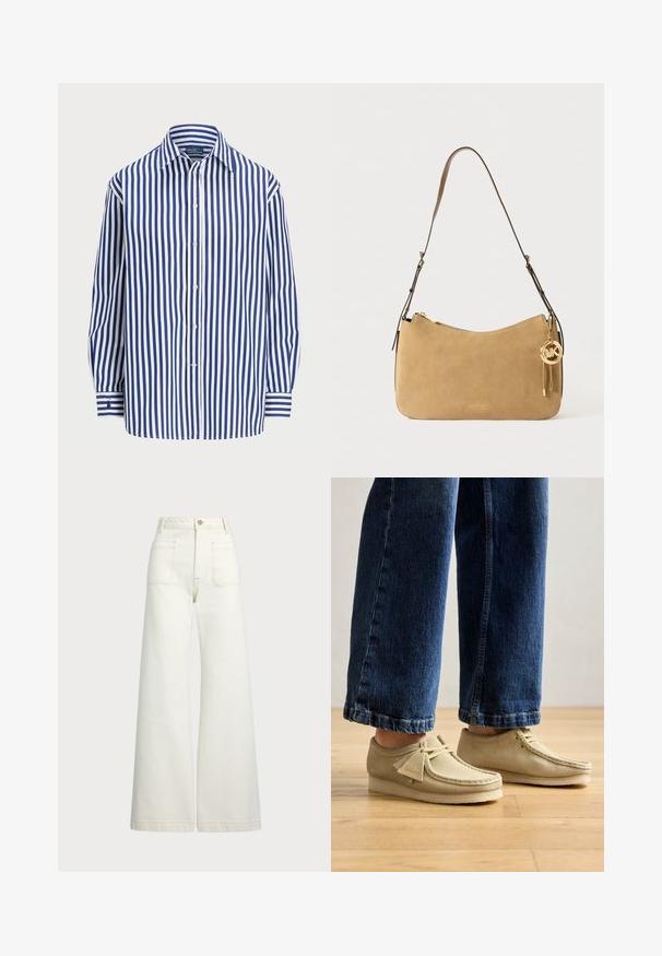 Cămașă cu dungi, cu linii verticale albastre și albe, cu front butonat și guler clasic. Mâneci lungi cu manșete butonate.; Jeans cu picioare late din denim alb-crem. Design cu talie înaltă, cu închidere prin nasture, două buzunare frontale și detalii cu cusături contrastante.; Pantofi din suede bej cu vârfuri rotunde și un profil jos. Prezintă un design cu șireturi și accente cusute. Purtați cu blugi decupați albaștri.; Geantă de umăr din suede bej cu formă curbată, accesorii din aur și închidere cu fermoar. Are un charms atașat cu inițialele "MK."