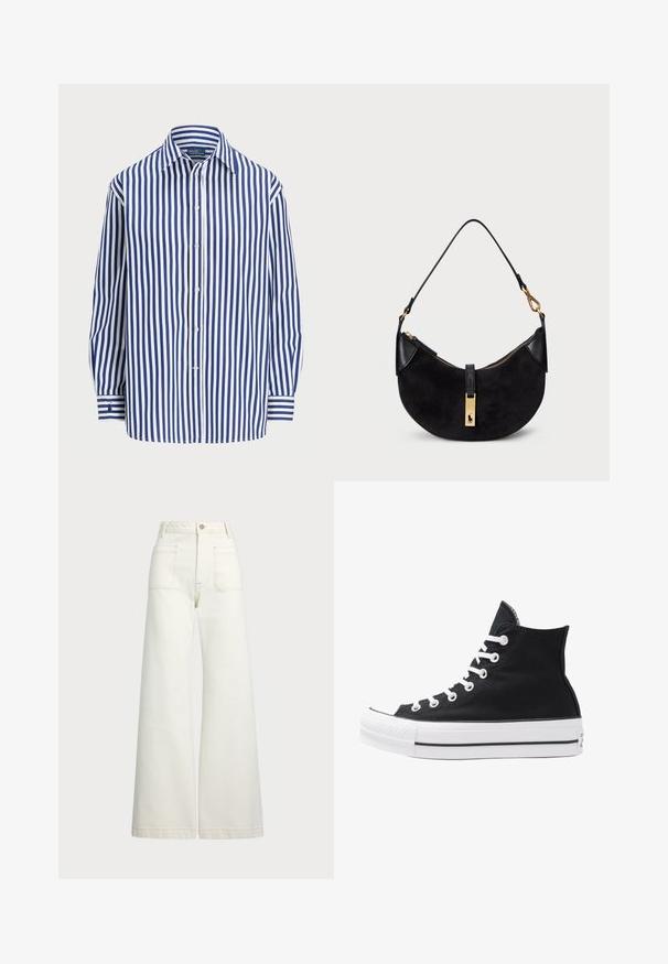 Cămașă cu dungi, cu linii verticale albastre și albe, cu front butonat și guler clasic. Mâneci lungi cu manșete butonate.; Jeans cu picioare late din denim alb-crem. Design cu talie înaltă, cu închidere prin nasture, două buzunare frontale și detalii cu cusături contrastante.; Tenisi negri înalți din pânză, cu ochiuri și sireturi albe, precum și talpă din cauciuc. Dispune de un capac texturat pentru degetul mare și accente în dungi alb-negru.; Geantă neagră cu o formă curbată, realizată din suede și piele, având un fermoar de culoare aurie și un detaliu cu logo. Include o mână scurtă.