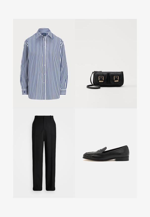 Striped shirt featuring vertical navy and white lines, a button-up front, and a classic collar. Long sleeves with button cuffs.; Polo Ralph Lauren HIGH RISE RELAXED STRAIGHT TROUSER - Trousers - black; Black leather loafers with a rounded toe, featuring a woven design on the front, low heel, and smooth finish. No additional embellishments.; Black leather crossbody bag with two front pockets, gold buckles, zipper closure, and a slim strap. Textured surface and compact rectangular shape.