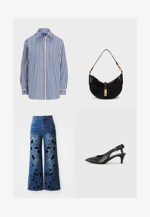 Gestreiftes Hemd mit vertikalen dunkelblau-weißen Linien, Knopfleiste vorne und klassischem Kragen. Lange Ärmel mit Knopfmanschetten.; Denim-Jeans mit weit geschnittenem Bein, floralem Stickmuster und Ausschnitten an den Beinen. Sie haben einen hellen bis dunklen Blautonverlauf und ein klassisches Fünf-Taschen-Design.; Schwarze Leder Slingback-Pumpe mit spitzem Absatz, kleinem Absatz und einer Schnalle am Knöchelriemen. Glatte Textur, minimalistisches Design.; Schwarze Handtasche mit geschwungener Form, aus Wildleder und Leder gefertigt, mit einem Reißverschluss in Goldtönen und einem Logo-Detail. Enthält einen kurzen Griff.