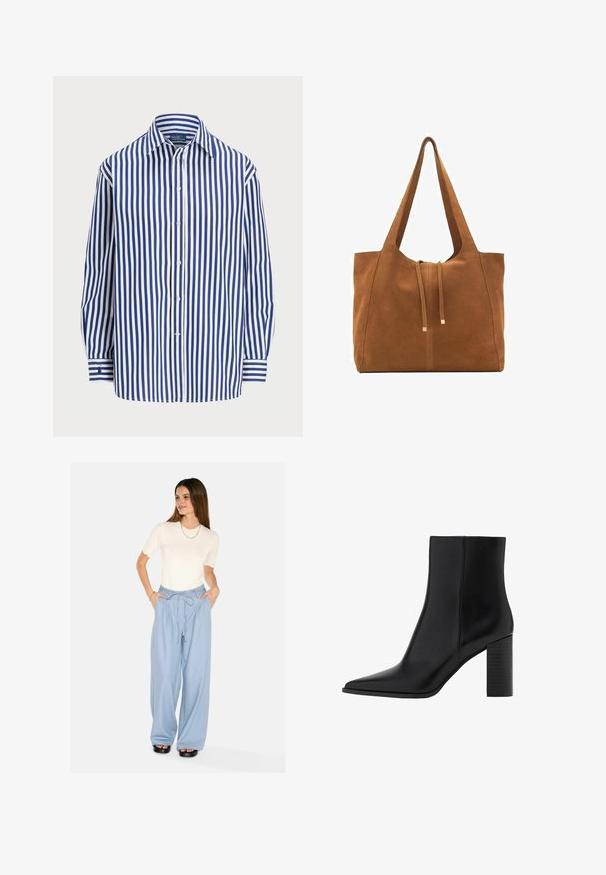 Gestreept shirt met verticale marineblauwe en witte lijnen, een knoopsluiting aan de voorkant en een klassieke kraag. Lange mouwen met knoopmanchetten.; Lichtblauwe wijde broek met een trekkoord in de taille en zijzakken. Gepaard met een witte T-shirt met gegolfde onderrand en korte mouwen. Zwarte platform sandalen.; Zwarte leren enkellaars met een spitse neus, vierkante hak, een gladde textuur en stikdetails langs de naden. De hakken zijn ongeveer 8,9 cm hoog.; Bruine suède schoudertas met twee lange hengsels, trekkoordsluiting en minimalistisch ontwerp. Gladde textuur en geen zichtbare hardware-accenten.