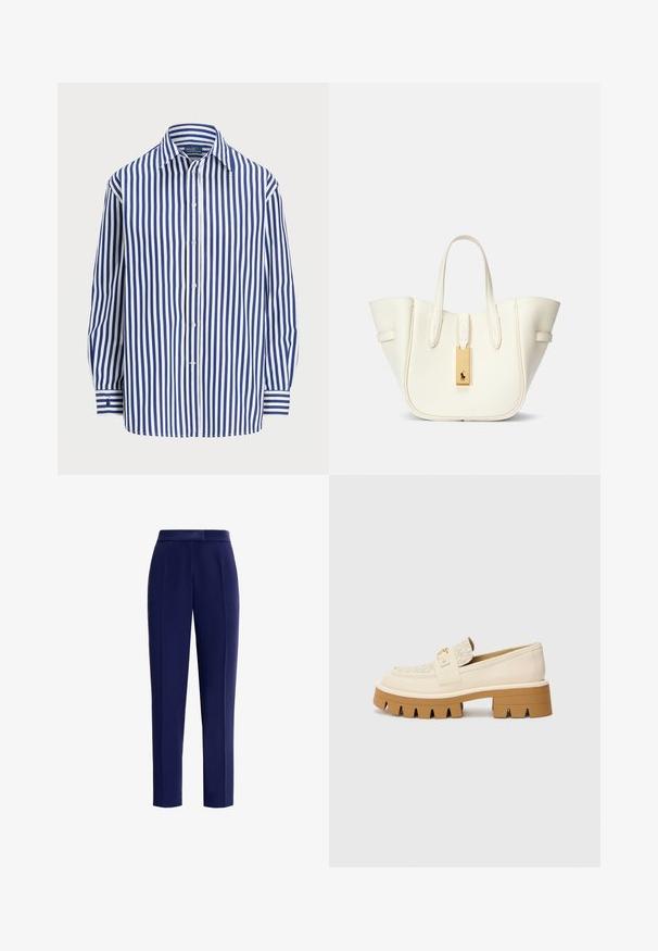 Striped shirt featuring vertical navy and white lines, a button-up front, and a classic collar. Long sleeves with button cuffs.; Navy blue trousers made from a smooth fabric featuring a tailored fit, front pleats, and a mid-rise waistband.; Beige loafers with a textured cream strap, featuring a chunky brown sole with teeth-like patterns. Gold accent on the buckle detail.; White leather tote bag with a structured shape, prominent stitching, gold hardware tag, and dual handles. Textured surface with side pockets.