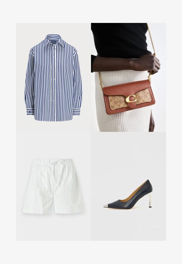 Striped shirt featuring vertical navy and white lines, a button-up front, and a classic collar. Long sleeves with button cuffs.; Men's shorts made of lightweight fabric, featuring vertical stripes in light blue and white, with an elastic waistband and drawstring.; Navy leather high heel shoe with a pointed toe, featuring a silver metallic cap and a shiny silver stiletto heel.; Brown leather and tan monogram crossbody bag with a gold-tone C-shaped clasp and chain strap, featuring a smooth texture and structured shape.
