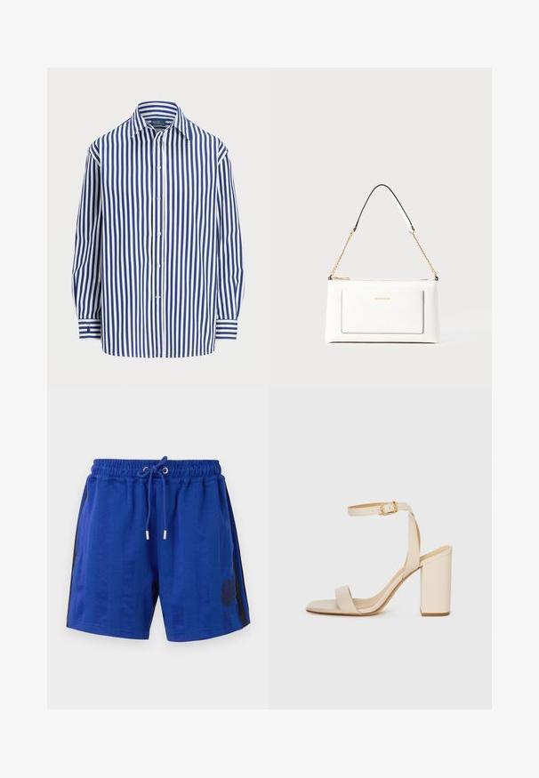Camisa riscada com linhas verticais em azul-marinho e branco, frente com botões e colarinho clássico. Mangas longas com punhos abotoados.; Calções atléticos azuis com uma cintura elástica, cordão, riscas pretas laterais e um desenho de brasão floral. Textura de tecido suave.; Sandalha de salto alto bege com bico quadrado, tira fina no tornozelo e salto bloco. Textura de couro suave com detalhe de fivela dourada.; Bolsa de mão branca em couro com acabamento texturizado, featuring a corrente dourada e detalhes pretos. Inclui um bolso frontal e fecho com zipper.