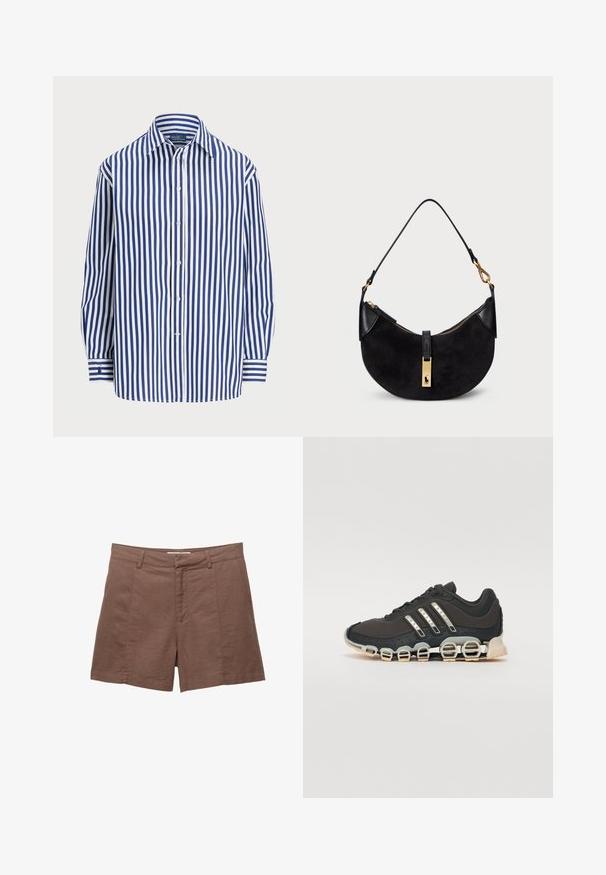 Stribet skjorte med lodrette navy og hvide striber, knaplukning foran og klassisk krave. Lange ærmer med knapmanchetter.; Brune linned shorts med flad front, to frontlommer og en glat tekstur. Har en skræddersyet pasform og en lige kant forneden.; Sort træningssko med en tekstureret overdel, tre sølvstriber og en karakteristisk støttende sål med flere integrerede sektioner.; Sort håndtaske med en kurvet form, lavet af ruskind og læder, med en lynlås i guldfarve og logo-detalje. Inkluderer et kort håndtag.
