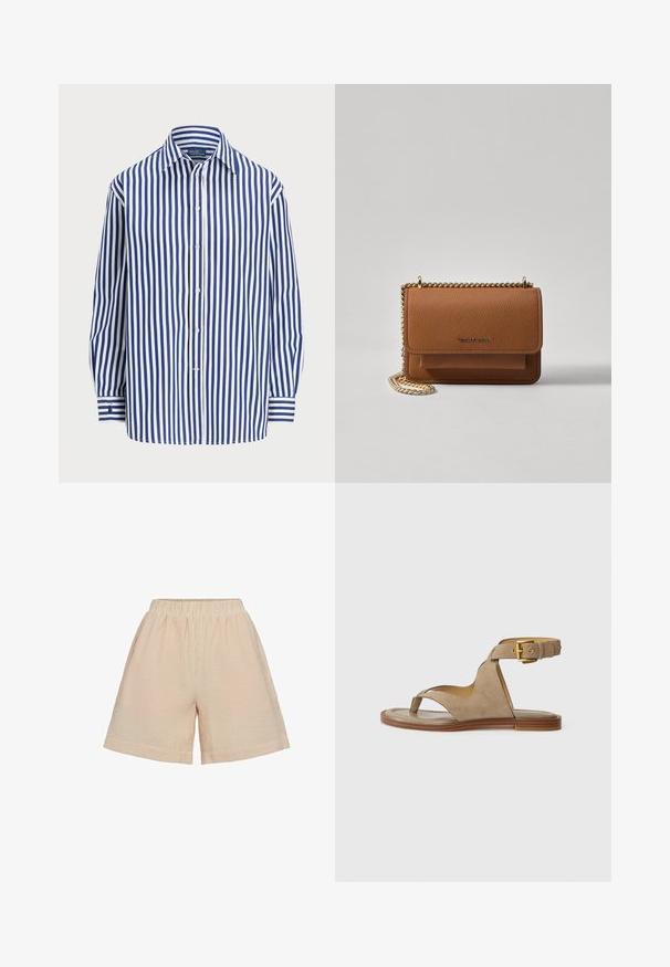 Chemise rayée avec des lignes verticales bleu marine et blanches, un devant à boutons et un col classique. Manches longues avec des poignets à boutons.; Moves PYNNA - Short - tangerine; Sandales en suède beige avec une boucle au niveau des orteils, des côtés ouverts et une large lanière de cheville avec une boucle dorée. Semelle plate marron avec un léger bord.; Sac en cuir texturé marron en bandoulière avec une sangle en chaîne dorée et une fermeture à rabat. L'avant présente un détail de logo et une poche sous le rabat.