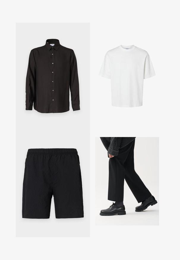 Fekete, hosszú ujjú ing sima anyagból, gombos elejével, hegyes gallérral és lekerekített aljjal, kontrasztos gombokkal.; Fehér pamut póló rövid ujjakkal, kerek nyakkivágással és laza szabással. Simább textúra, látható minták vagy kiegészítők nélkül.; Fekete úszónadrág, texturált anyagból, rugalmas derékrésszel és oldalsó zsebekkel, laza szabással.; Fekete bőr cipők kerek orral, fűzős kialakítással és vastag, texturált talppal. Öltönyös fekete nadrággal és bordázott pulóverrel viselve.