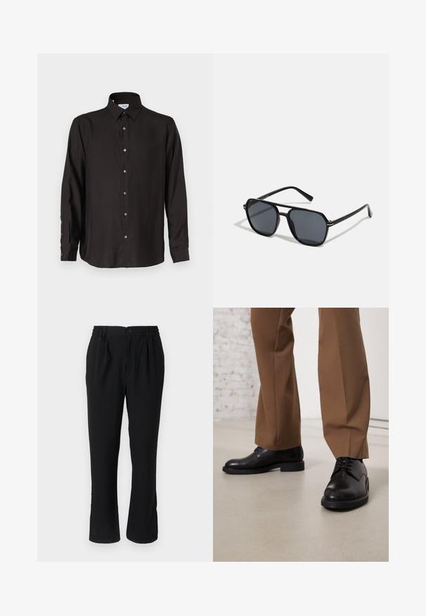 Juodas ilgomis rankovėmis marškinys, pagamintas iš lygios medžiagos, su mygtukų užsegimu, smailiu apykakle ir suapvalintu kraštu, turintis kontrastingus mygtukus.; Juodi, lengvi kelnių su elastine juosta ir sagų uždarymu, su tiesiomis kelnių kojomis ir minimalistišku dizainu.; Juodi odiniai batai su lygiu paviršiumi ir apvalia nosimi, turintys raištelius ir žemą, plokščią padu. Derinami su rudomis kelnėmis.; Juodos akiniai nuo saulės su aštuonkampiu rėmeliu, tamsiais objektyvais, blizgiu paviršiumi, plonomis šakutėmis ir auksinėmis akcentais priekyje.