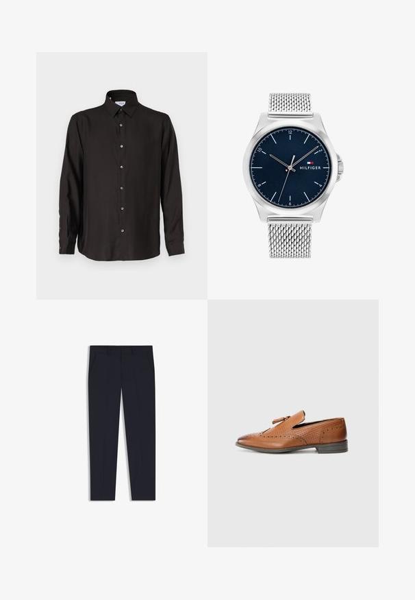 Crna košulja dugih rukava od glatkog materijala, s dugmadi na prednjoj strani, šiljastim kragnom i zaobljenim rubom s kontrastnim dugmadima.; Mornarske hlače s krojem prilagođenim figuri, koje sadrže dva prednja džepa, ravno rezanje i glatku teksturu. Nema vidljivih uzoraka ili ukrasnih elemenata.; Smeđe kožne cipele s perforiranim detaljima, teksturiranim stranicama, ravnim đonom i dekorativnom mašnom na gornjem dijelu. Klasičan dizajn s glatkom završnom obradom.; Tommy Hilfiger HERRENUHR CLASSIC - Ručni sat - blau- und silberfarben