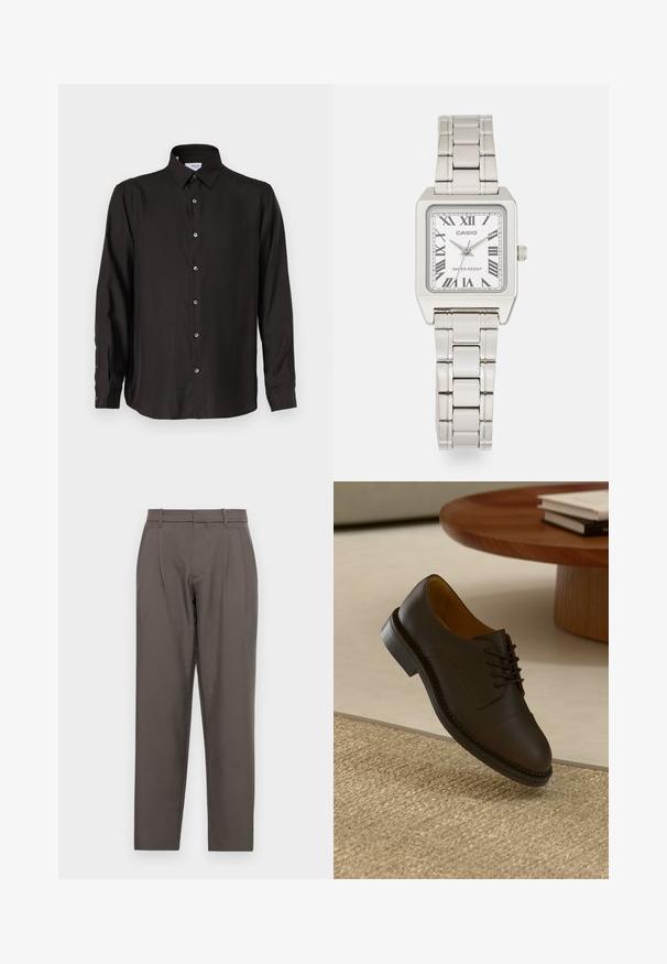 Črna dolga majica z dolgimi rokavi, izdelana iz gladkega materiala, z zapenjanjem na gumb, koničastim ovratnikom in zaobljenim robom z kontrastnimi gumbi.; Jack & Jones JPSTBILL JJDAYTONA WIDE - Hlače - pavement; Rjave usnjene čevlje za oblačenje z teksturirano zgornjico, vezanjem, kontrastnim šivom in trpežnim gumijastim podplatom, ki lebdi nad tkano preprogo.; Srebrna kovinska ročna ura s kvadratnim ohišjem, belim številčnikom, rimskimi številkami in srebrnim povezovalnim pasom. Ima zasnovo, odporne na vodo.