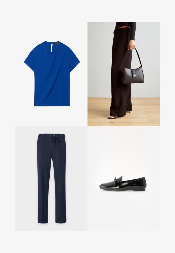 Blaues kurzes Oberteil mit drapiertem Design und einem Schlüssellochausschnitt im Rücken. Hergestellt aus einem strukturierten Stoff für zusätzliche Dimension.; Marineblaue Hosen aus glattem Stoff, mit einem Kordelzugbund, vorderen Falten und geradem Bein. Keine Taschen oder auffälligen Muster.; Schwarze Lackleder-Lederschuhe mit flacher Sohle, runder Spitze und einem dekorativen Riemen mit einem goldfarbenen Akzent. Glattes, glänzendes Finish.; Schwarze Handtasche mit strukturierter Form, glatter Textur und einem metallischen Verschluss. Kombiniert mit weiten schwarzen Hosen und offenen Sandalen auf einem Holzboden.