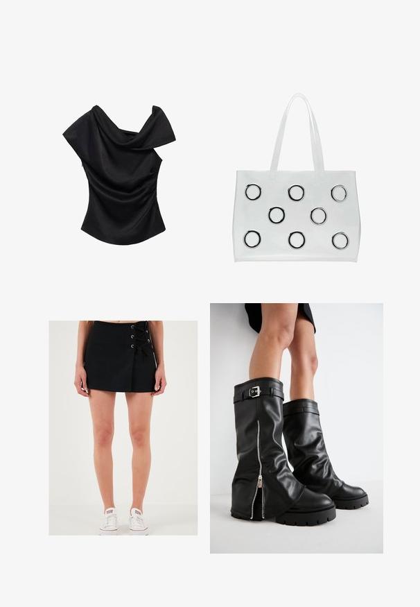 Top negru, cu umeri goi, cu decolteu drapat, formă ajustată și textură netedă. Prezintă detalii strânse pe cusăturile laterale.; LELA Pantaloni scurți - black; Bocanci din piele negri, până la genunchi, cu un ștaif larg, având un fermoar pe lateral și accent cu cataramă, finisaj texturat și talpă din cauciuc masiv.; Geantă din plastic transparent, cu două mânere transparente, având nouă accente metalice circulare aranjate într-un model de grilă pe față.