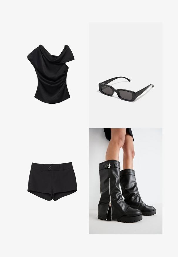 Črn off-shoulder top z draperijskim okvirom, prilegajoče oblike in gladko teksturo. Ima nabran detajl na stranski šiv.; Črne hlače iz gladkega blaga. Imajo pas, dva sprednja žepa in dva črna gumbna zapiranja spredaj.; Črne usnjene škornje do kolen s širokim zgornjim delom, ki imajo stransko zadrgo in dekorativno sponko, teksturirano površino ter masiven gumijast podplat.; Črne pravokotne sončna očala z temnimi lečami, sijajna površina, široka ročaja in masiven okvir. Vgravirano ime blagovne znamke na eni ročaji.