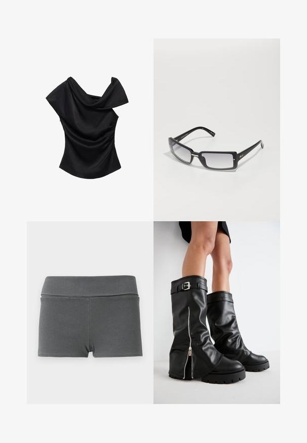 Top negru, cu umeri goi, cu decolteu drapat, formă ajustată și textură netedă. Prezintă detalii strânse pe cusăturile laterale.; Pantaloni scurți din material ribbed de culoare gri închis, cu un brâu lat. Prezintă un design ajustat, o textură netedă și fără elemente de fixare sau accente vizibile.; Bocanci din piele negri, până la genunchi, cu un ștaif larg, având un fermoar pe lateral și accent cu cataramă, finisaj texturat și talpă din cauciuc masiv.; Ochelari de soare rectangulare negri cu lentile cu gradient, având un cadru gros și detalii metalice accent pe brațe. Textură netedă pe întreaga suprafață.; Geantă din plastic transparent, cu două mânere transparente, având nouă accente metalice circulare aranjate într-un model de grilă pe față.
