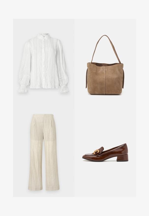 Chemisier blanc à col volants, à rayures verticales et en tissu texturé. Présente des manches bouffantes élastiques avec une bordure en dentelle.; Pantalons à jambe large de couleur crème avec un tissu texturé. Présente des plis et une taille lisse. Pas de poches visibles ni d'ornements.; Mocassins en cuir marron avec une finition brillante, dotés d'une boucle décorative en or à l'avant et d'un talon bas. Design classique.; Sac fourre-tout en daim marron avec une texture douce, une ouverture en haut et une seule sangle pour l'épaule. Présente une finition lisse et un design minimaliste.