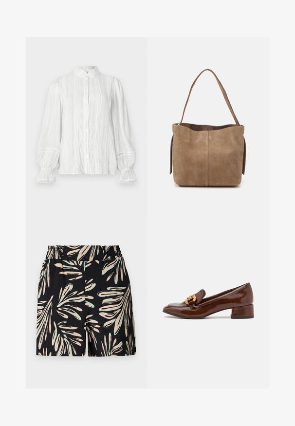 Weiße Bluse mit Knopfleiste, gerafftem Kragen, vertikalen Streifen und strukturiertem Stoff. Mit elastischen Puffärmeln und Spitzenbesatz.; Schwarze Shorts mit einem Blattmuster in hellbeige und mintgrün, aus strukturiertem Stoff und mit elastischem Bund.; Braune Lederloafers mit glänzender Oberfläche, ausgestattet mit einer dekorativen goldenen Schnalle an der Vorderseite und einem niedrigen Blockabsatz. Klassisches Design.; Braune Wildleder-Tote mit weicher Textur, offenem Oberteil und einem einzelnen Schulterriemen. Verfügt über eine glatte Oberfläche und minimale Details.