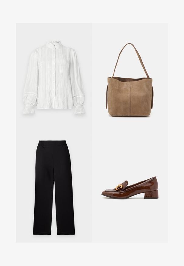 Bílá blůza na knoflíky s volánkovým límcem, vertikálními pruhy a texturovanou látkou. Obsahuje elastické balónkové rukávy s krajkovým lemováním.; Černé plisé kalhoty s širokými nohavicemi a elastickým pasem. Materiál má strukturovaný povrch. Žádné viditelné kovové prvky ani vzory.; Hnědé kožené mokasíny s lesklým povrchem, se zdobnou zlatou sponou na přední straně a nízkým blokovým podpatkem. Klasický design.; Hnědá velká taška z nubukové kůže s jemnou texturou, otevřeným vrchem a jedním ramenním popruhem. Obsahuje hladký povrch a minimalistiké detaily.