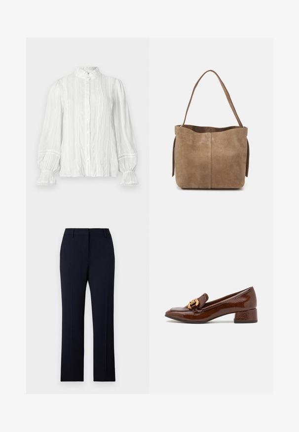 Balta pogām augšējā blūze ar ruffles apkakli, vertikālām svītrām un strukturētu audumu. Iezīmē elastīgas pūkainas piedurknes ar mežģīņu apdari.; Jūras zila pielāgota bikses ar taisnu griezumu, izgatavotas no gludas auduma. Iezīmes: jostas cilpas, priekšējās kabatas un tīra jostas daļa.; Brūni ādas mokasīni ar spīdīgu apdari, ar dekoratīvu zelta sprādzi priekšpusē un zemu blokveida papēdi. Klasisks dizains.; Brūns zamšs tote soma ar mīkstu tekstūru, atvērtu augšpusi un vienu plecu siksnu. Iespējo gludu apdari un minimālu detaļu skaitu.