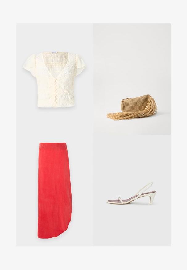 Top corto color crema con texture arricciata, scollatura a V e chiusura con bottoni. Tessuto leggero con maniche a palloncino sottili.; Gonna rossa alla caviglia in un tessuto liscio e leggero. Presenta un orlo curvo e un colore uniforme senza motivi o decorazioni visibili.; Sandali slingback bianchi con un leggero tacco, sottili cinturini e una superficie in pelle liscia; presentano una piccola fibbia decorativa.; Cult Gaia VIERA - Pochette - natural; Un paio di orecchini in metallo di tonalità dorata, di forma ovale irregolare, con superficie texturizzata e leggermente martellata, su uno sfondo bianco.
