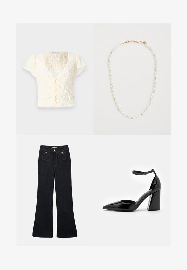 Haut à manches courtes crème avec une texture froncée, encolure en V et fermeture à boutons. Tissu léger avec de subtils volants aux manches.; Jeans en denim foncé évasés avec une taille haute, deux poches avant et des coutures orange. Le matériau semble robuste et lisse.; Chaussure à talon haut en cuir verni noir avec un bout pointu, une bride de cheville et un large talon bloc pour la stabilité, présentant une texture lisse et brillante.; Collier en perles de culture avec des perles ovales blanches alternées et de petites perles dorées, doté d'un fermoir en or. Texture lisse dans l'ensemble.
