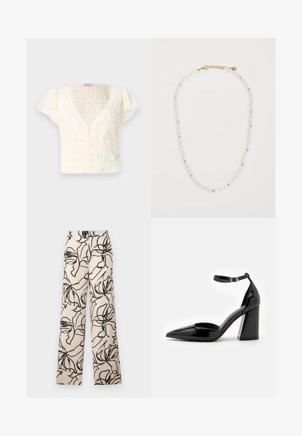 Tej színű, rövid ujjú felső, gumis textúrával, V-nyakkal és gombos záródással. Könnyű anyag, diszkrét puffos ujjal.; Bő szárú nadrág könnyű anyagból, krém színű háttérrel és az egész felületen absztrakt fekete virágmintával.; Fekete patent bőr magassarkú cipő hegyes orral, bokapánttal és széles blokk talppal a stabilitás érdekében, sima, fényes textúrával.; Gyöngy nyaklánc, váltakozó fehér ovális gyöngyökkel és kis arany gyöngyökkel, arany záródással. Az egész sima textúrájú.