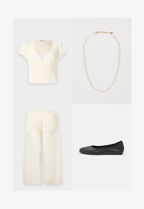 Crème-kleurige top met korte mouwen, met een gesmokt textuur, V-hals en knoopsluiting. Lichtgewicht stof met subtiele pofmouwen.; Lichte, crèmewitte broek met wijde pijpen en een gestructureerd ruitpatroon, voorzien van twee zijzakken, met een relaxte pasvorm en zachte stof.; Zwarte leren ballerina met een ronde neus, gladde textuur, minimale stikdetails en een flexibele zoolontwerp.; Parelketting met afwisselend witte ovale parels en kleine gouden kralen, voorzien van een gouden sluiting om te bevestigen. Over het algemeen een gladde textuur.