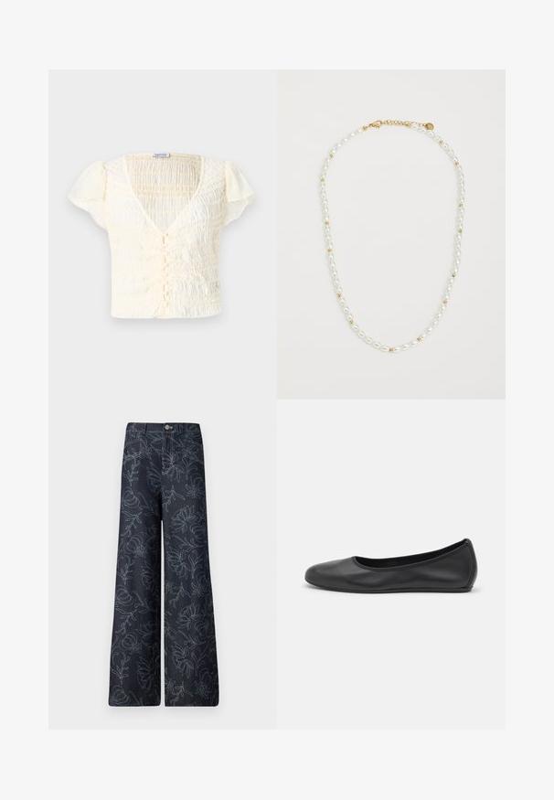 Κρέμα κοντομάνικο μπλουζάκι με λάστιχο, V-ανοιχτό λαιμό και κλείσιμο με κουμπί. Ελαφρύ ύφασμα με διακριτικά φουσκωτά μανίκια.; Σκούρες τζιν παντελόνες σε φαρδιά γραμμή, διακοσμημένες με κεντητό λουλουδάτο μοτίβο σε ανοιχτό μπλε. Κλασικός σχεδιασμός με πέντε τσέπες και κλείσιμο με κουμπί μπροστά.; Μαύρο δερμάτινο μπαλαρίνι με στρογγυλή μύτη, λεία υφή, ελάχιστες λεπτομέρειες ραφής και σχεδίαση ευέλικτης σόλας.; Πετράδι από μαργαριτάρια με εναλλασσόμενα λευκά ωοειδή μαργαριτάρια και μικρές χρυσές χάντρες, διαθέτοντας χρυσό κούμπωμα για κλείσιμο. Λείο υφή στο σύνολό της.