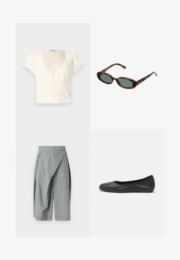 Krémovo sfarbený top s krátkym rukávom so smockovanou textúrou, V-krkom a gombíkovým uzáverom. Ľahký materiál s jemne pufovanými rukávmi.; Šedé kárované culoty s prispôsobeným strihom. Obsahujú plisovaný dizajn, kontrastné vertikálne pruhy a plochý pás.; Čierne kožené baleríny s okrúhlou špičkou, hladkým povrchom, minimálnym prešívaním a flexibilným dizajnom podrážky.; Slnečné okuliare v štýle korytnačiny s oválnymi rámami a zelenými sklami. Majú tenké nožičky s kovovým akcentom pri pántoch.; Čierna syntetická plecnička s oblým siluetom, textúrovaným povrchom, zlatým trojuholníkovým logom a odnímateľnými kovovými detailmi.