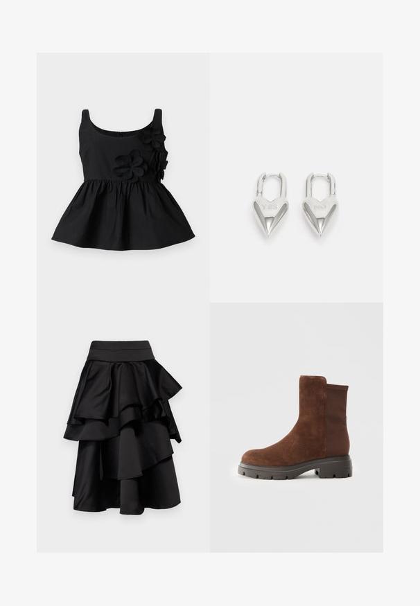 Black sleeveless top with a fitted bodice and flared, gathered skirt. Features three black floral appliqués on the left side.; Black layered skirt with multiple ruffles. Features a fitted waistband and a flowy finish, crafted from a smooth, satin-like fabric.; Brown suede ankle boot with elastic side panels, rounded toe, and a thick rubber sole featuring a textured tread pattern.; Silver heart-shaped padlocks featuring engraved "YES" and "NO" texts, polished finish, symmetrical design, and a robust metal clasp.