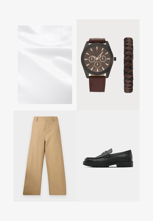 Balta medžiaga su lygiu paviršiumi, matyti raukšlės ir švelnus blizgesys, rodantis, kad medžiaga yra lengva ir minkšta.; Plačios kojinės kelnės iš šviesiai rudos medžiagos, turinčios mygtuko uždarymą, diržo kilpeles ir lygią tekstūrą be matomų raštų.; Juodi odiniai loaferiai su apvalia nosimi, su siuvinėtu dizainu, žemu platformos padu ir tekstūruotu, sukibimo raštu padu.; Pier One SET - Laikrodis - black/brown
