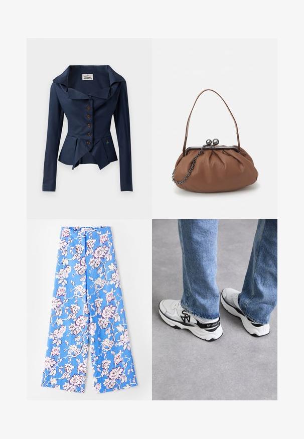 Jūras spēku žakete ar pārmērīgu apkakli, garām piedurknēm, priekšējiem pogām, pepluma apakšdaļu un mazu izšuvumu ap vidu. Strukturēta auduma.; Zilie ziedu bikses ar pasteļrožu rakstu. Audums ir gluds, ar brīvu piegriezumu, plats kājas un elastīgu jostu.; Balti un pelēki sporta apavi ar strukturētu sietu augšu, melnā krāsā akcenti un izteikts logotips sānos un papēžos, apvienoti ar ziliem džinsiem.; Brūns ādas rokassomu ar salocītu dizainu, īsu ādas rokturi un ķēdes siksnu. Tam ir sudraba metāla sprādze ar diviem apaļiem akcentiem.