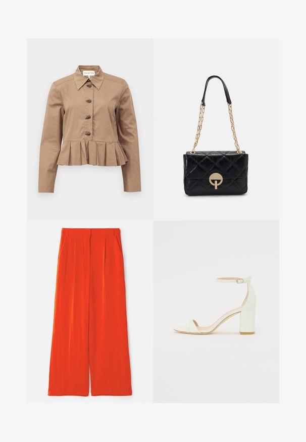 Braune Baumwollbluse mit langen Ärmeln, Peplum-Saum und einem Kragen. Verfügt über fünf dunkle Knöpfe auf der Vorderseite. Glatte Textur.; Weite Hosen aus leuchtend rotem Stoff, mit einer glatten Textur, zwei Seitentaschen und einem schmalen Bund mit Falten.; Weißes Leder-Sandale mit Blockabsatz, die ein Knöchelriemen mit einer Schnalle und ein minimalistisches Design aufweist. Offene Zehen und glatte Texturen im gesamten Design.; Schwarze gesteppte Lederhandtasche mit einem goldenen Kettenriemen, die über ein rundes Verschlussdetail verfügt. Kompakte rechteckige Form mit einer glatten Textur.