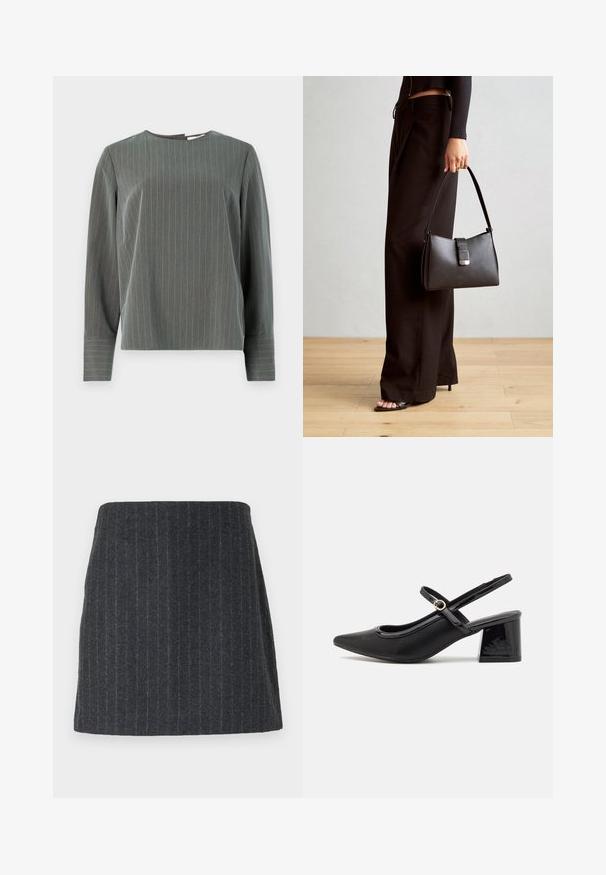 Tricou lung cu mânecă, gri cu dungi, cu guler rotund și croială lejeră. Dungile verticale în gri deschis contrastează cu textura mai închisă a materialului.; Fustă mini gri închis, dintr-un material texturat cu dungi verticale. Croială dreaptă, cu un elastic la talie și un finisaj neted.; Cizme cu toc slingback din piele sintetică lacuită neagră, cu vârful ascuțit, un design cu decupaj rotunjit și toc bloc. Include un accent cu cataramă de culoare aurie.; Genți negre cu o formă structurată, textură netedă și un închizător metalic. Asortată cu pantaloni negri largi și sandale cu vârf deschis pe un podea din lemn.
