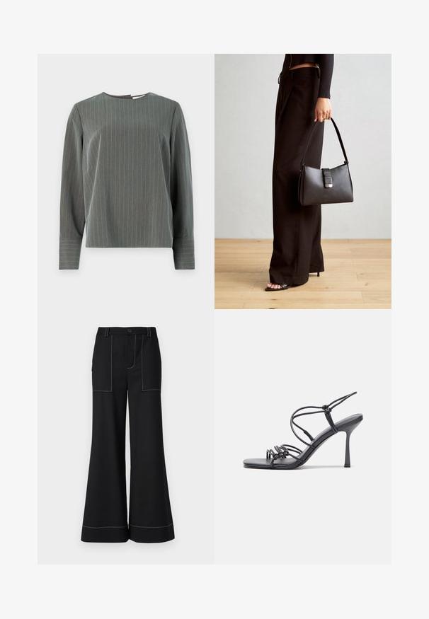 Pelēkas svītrains krekls ar garām piedurknēm, noapaļotu izgriezumu un brīvu piegriezumu. Vertikālās svītras gaiši pelēkā krāsā izceļas uz tumšākas auduma faktūras.; Melni plaši bikses ar redzamām baltām šuvēm, aprīkotas ar pogu aizdari un divām priekšējām kabatām. Gluda auduma ar pielāgotu dizainu.; Melnas augstpapēžu sandales ar plāniem siksniņām un mezgla dizainu, gluda kvadrātveida purngalu un elegantu stiletto papēdi.; Melnā somiņa ar strukturētu formu, gludu tekstūru un metālu sprādzi. Saskaņota ar platām melnām biksēm un sandālēm ar atvērtu purngalu uz koka grīdas.
