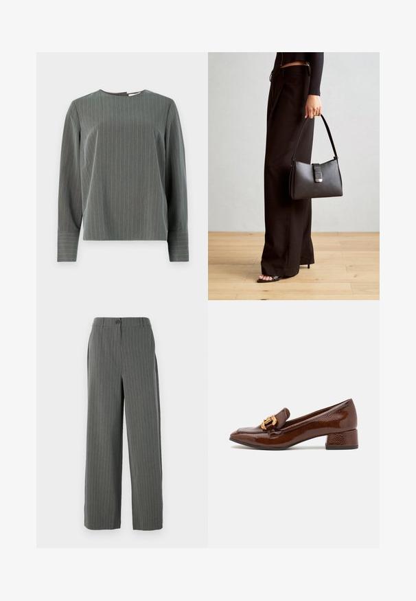 Siva prugasta majica dugih rukava s okruglim izrezom i opuštenim krojem. Vertikalne pruge svijetlosive boje kontrastiraju s tamnijom teksturom tkanine.; Sive prugaste hlače s širokim krojem, koje imaju kopčanje na gumbe i suptilnu teksturu. Kroj je prilagođen radi strukturiranog izgleda.; Smeđe kožne mokasine s sjajnom završnom obradom, s ukrasnom zlatnom kopčom sprijeda i niskim blok petama. Klasičan dizajn.; Crna torba s oblikom koji sadrži strukturu, glađu teksturu i metalnu kopču. Uparena s širokim crnim hlačama i sandalama na otvorenom s drvenog poda.