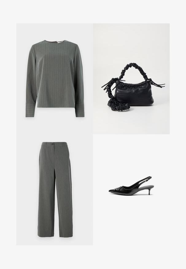 Gråstribet langærmet top med rund halsudskæring og afslappet pasform. Lodrette striber i lysegrå kontrasterer mod den mørkere stoftekstur.; Grå stribede bukser med bred ben silhuet, der har en knaplukning og subtil tekstur. Skreddersyet design for en struktureret pasform.; Sorte læderslippers med spidse tæer, lille kitten hæl og en dekorativ knude detalje foran. Glat tekstur hele vejen rundt.; Sort kunstlæder håndtaske med krokodilteksur, indsnøret top og en sammenkrøben rem. Ser blød og kompakt ud i designet.