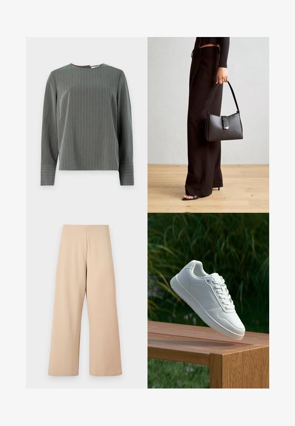 Pilkas dryžuotas ilgomis rankovėmis viršus su apvalia iškirpte ir laisvu siluetu. Vertikalūs šviesiai pilki dryžiai kontrastuoja su tamsesne medžiagos tekstūra.; Šviesiai rudos spalvos pločio kojų kelnės, pagamintos iš minkštos medžiagos, turinčios aukštą juosmenį ir lygų paviršių. Nėra matomų raštų ar aksesuarų detalių.; Balti sneakeriai su lygia sintetine viršutine dalimi, perforuota pirštų zona, plokščiomis raištelėmis ir tekstūruotu padu, padėti ant medinės paviršiaus.; Juodas rankinė struktūrizuota forma, lygi tekstūra ir metalinis užsegimas. Suporuota su plačiomis juodomis kelnėmis ir atvirais bateliais ant medinių grindų.