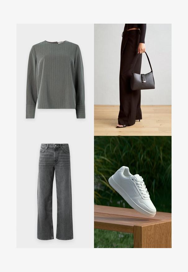 Hallitustriibuline pika varrukaga pluus ümara kaelusega ja lõdvema istuvusega. Helehallid vertikaalsed triibud kontrasteerivad tumedama kangaga.; Laiad mustad denimi teksad, millel on veidi kulunud viimistlus, sisaldavad viit taskut ja nööbikinnitust. Kontrastõmbluse detail täiendab disaini.; Valged sneakerd, millel on sile sünteetiline ülemine osa, väikeste aukudega varvaskast, lamedad paelad ja tekstuuriga tald, eksponeeritud puidust pinnal.; Must musta kott, millel on struktureeritud kuju, sile tekstuur ja metallist klamber. Kombineeritud laiate mustade pükstega ja avatud varvaste sandaalidega puidust põrandal.