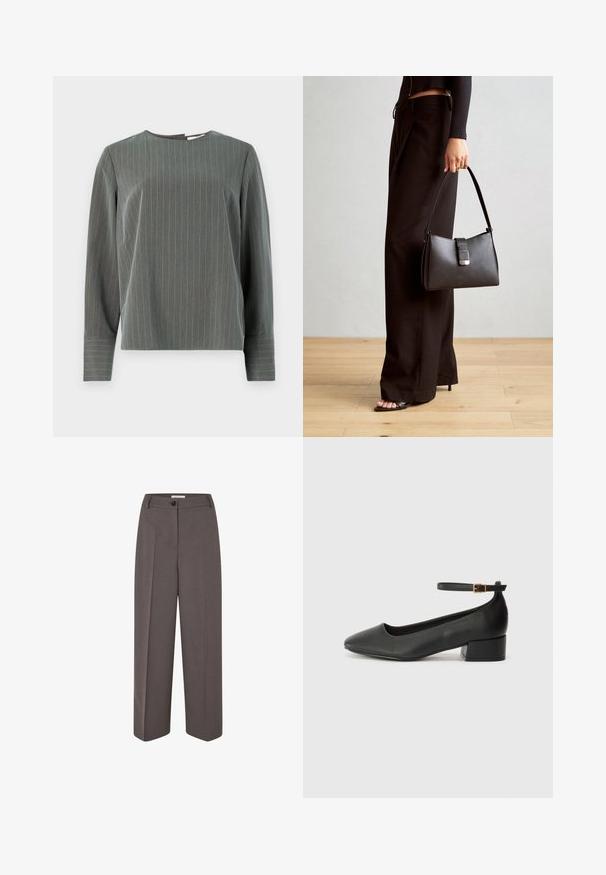 Haut à manches longues gris rayé avec un col rond et une coupe décontractée. Des rayures verticales en gris clair contrastent avec la texture de tissu plus foncé.; Pantalons marron taille haute à jambes larges, avec des plis avant, passants de ceinture, fermeture à bouton et une texture de tissu lisse.; Escarpin en cuir noir avec un bout pointu et un petit talon bloc. Doté d'une bride de cheville avec une boucle dorée. Texture lisse.; Sac à main noir à la forme structurée, texture lisse et fermoir métallique. Associé à un pantalon noir ample et des sandales ouvertes sur un sol en bois.