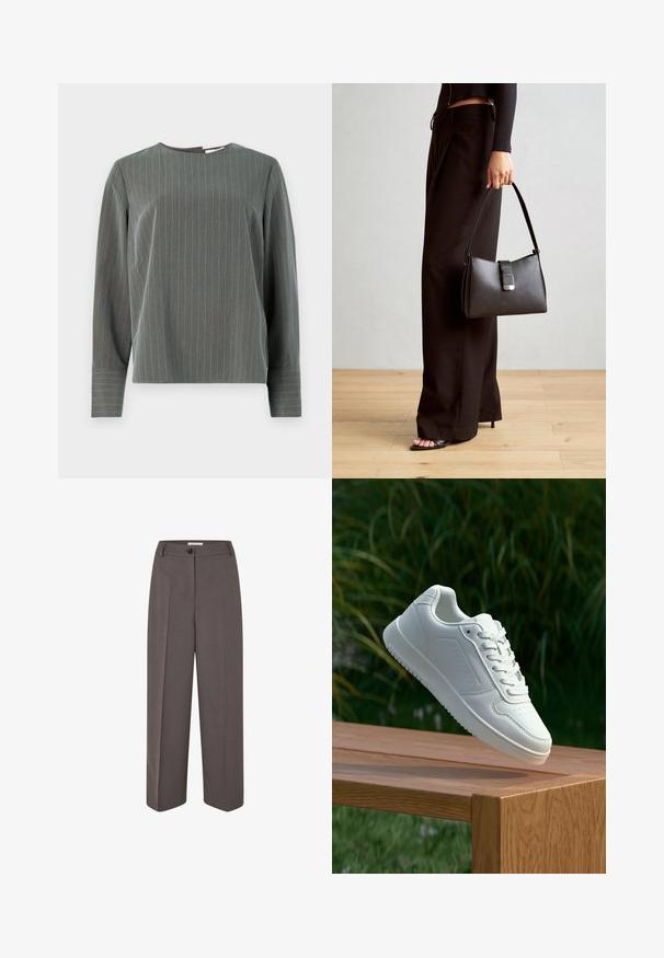 Haut à manches longues gris rayé avec un col rond et une coupe décontractée. Des rayures verticales en gris clair contrastent avec la texture de tissu plus foncé.; Pantalons marron taille haute à jambes larges, avec des plis avant, passants de ceinture, fermeture à bouton et une texture de tissu lisse.; Sneakers blanches avec une tige synthétique lisse, un avant perforé, des lacets plats et une semelle texturée, présentées sur une surface en bois.; Sac à main noir à la forme structurée, texture lisse et fermoir métallique. Associé à un pantalon noir ample et des sandales ouvertes sur un sol en bois.