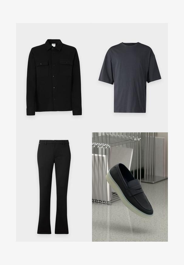 Black button-up shirt made of smooth fabric, featuring two chest pockets, a point collar, and buttoned cuffs. Simple design with minimal detailing.; Dark gray short-sleeve t-shirt made of lightweight cotton, featuring a loose fit and classic crew neckline, with plain texture and no patterns.; Black trousers made of smooth fabric, featuring a straight fit with slight flare at the hem, a front button closure, and belt loops.; Navy leather slip-on shoes with a rounded toe, featuring a decorative strap and a translucent rubber sole. Subtle logo on the side.