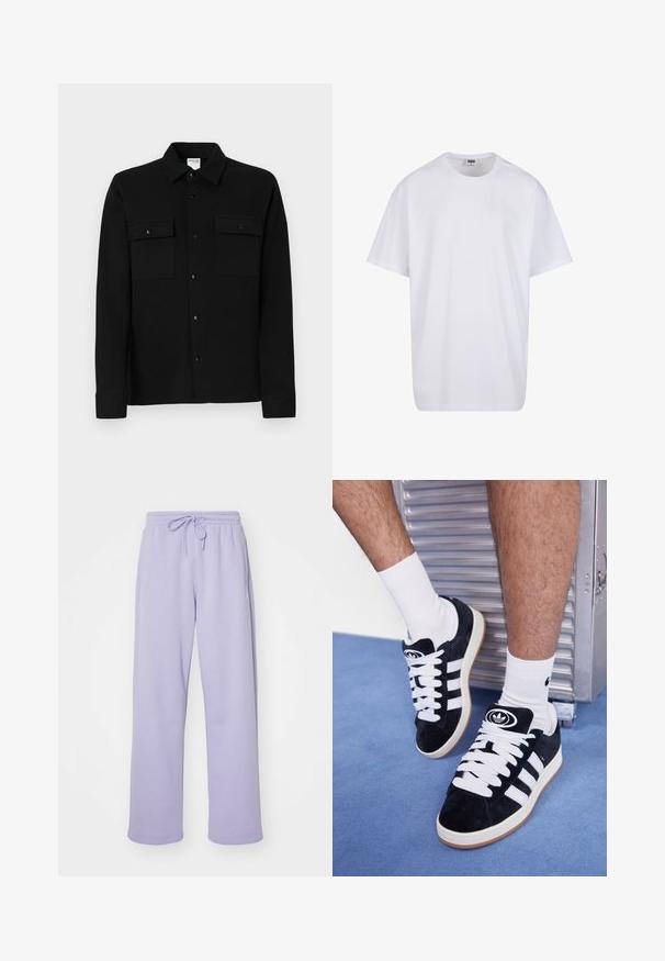 Black button-up shirt made of smooth fabric, featuring two chest pockets, a point collar, and buttoned cuffs. Simple design with minimal detailing.; White cotton t-shirt with short sleeves, rounded neckline, relaxed fit, and no visible logos or patterns. Smooth texture and minimal design.; Purple sweatpants with an elastic waistband and drawstring. Soft fabric, straight leg design, and side pockets. Smooth texture.; Black suede sneakers with white laces and three white stripes. Features a circular black logo on the tongue and a gum rubber sole.