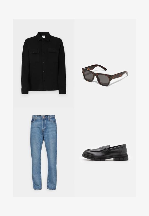 Melna krekla ar pogām dizains, kas izgatavots no gludas auduma, ar divām krūšu kabatām, punktveida apkakli un pogāmiem apročiem. Vienkāršs dizains ar minimālām detaļām.; Gai zila džinsā auduma bikses ar taisno kāju dizainu, ar pogu aizdari, piecām kabatām un vieglām nodiluma detaļām.; Melni ādas loafers ar gludu apdari, ar priekšējo siksniņu un masīvu gumijas zoli ar izgriezumiem.; Bruņurupuča raksta saulesbrilles ar tumšiem stikliem, kvadrātveida rāmi un sudraba akcenta kniedēm priekšpusē. Izgatavotas no plastmasas, vieglas un izturīgas.