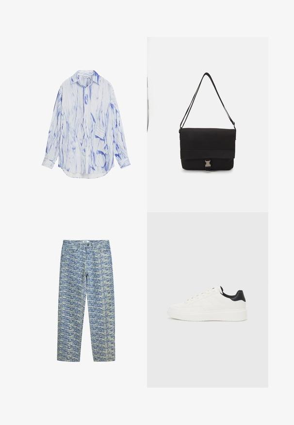 Ilgas rankovės marškiniai, pagaminti iš lengvos medžiagos, su mėlyna ir balta abstrakčia juostele, mygtukų užsegimu priekyje ir laisvu siluetu.; Šviesiai mėlyni džinsai su tekstūruotu, bangų formos raštu tamsesnės mėlynos ir kreminės spalvos. Turi standartinį penkių kišenių dizainą ir priekinį mygtuką.; Balti odiniai sportbačiai su įspaustu raštu, tekstūruotas baltas vidpadis ir juodas kulno akcentas. Ypatybės: apvalus pirštas ir plokščios batraiščiai.; Juodas pranešėjo krepšys, pagamintas iš lygaus medžiagos, su užkloto dangčiu, sidabrine užsegimo aparatūra ir reguliuojama petneša.