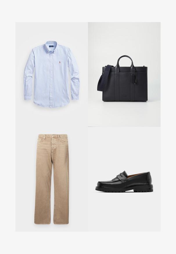 Jasnoniebieska i biała koszula z długim rękawem, z klasycznym kołnierzykiem, w paski, z małym haftowanym logo na piersi.; Beżowe dżinsy o prostym kroju, z pięcioma kieszeniami, z zapięciem na guzik i kontrastowym przeszyciem. Gładka faktura i minimalne przetarcia.; Czarne skórzane mokasyny mają wyraźny szew, dwa dekoracyjne paski na górze oraz grubą, teksturowaną podeszwę dla lepszej przyczepności.; Ciemnogranatowa skórzana teczka z podwójnymi rączkami u góry i odpinanym paskiem. Posiada teksturowane wykończenie, pionowe przeszycia oraz detal z logo.