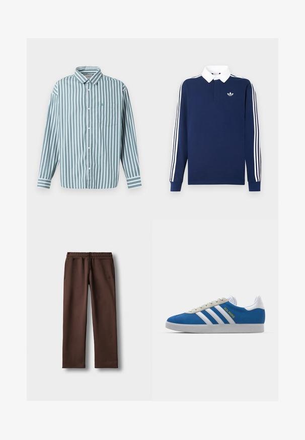Svetlo modra in bela prugasta srajca z dolgimi rokavi, ovratnikom in žepom na prsih. Narejena iz gladkega, tkanega materiala.; Mornarsko modra polo majica z dolgimi rokavi, bombažno blago, bel ovratnik, z značilnimi tremi belimi črtami vzdolž rokavov in majhnim logotipom na prsih.; Bordeaux hlače za telovadbo iz mehkega blaga, z elastičnim pasom, podrobnostjo z vezalko in stranskimi žepi. Preprost kroj s ravnimi hlačnicami.; adidas Originals ADIDAS GAZELLE SHOES - Dvoranske nogometne kopačke - real madrid/bluebird/footwear white/crew yellow