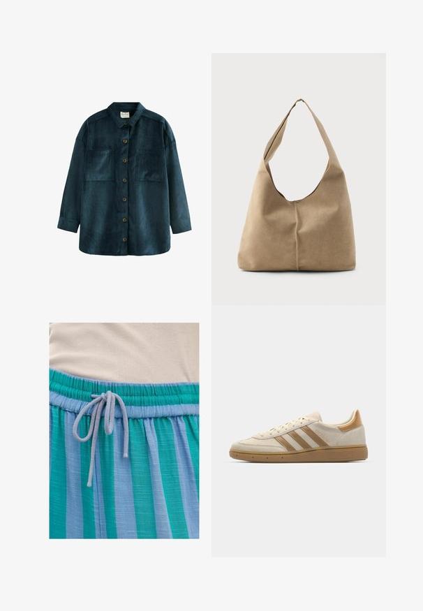Next LOOSE FIT SHACKET - Chemisier - navy blue; Tissu léger à rayures bleues et vertes avec une taille élastique et un système de fermeture à cordon. Fini texturé avec un léger éclat.; Baskets en suède beige avec des accents marron clair. Présente trois rayures marron, une semelle en caoutchouc texturée et un design à bout rond.; Sac hobo en suède beige doux avec une forme décontractée, une large bandoulière et un détail de couture à la main sur le devant.