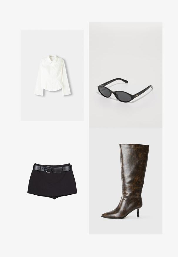 Biała koszula z długim rękawem, z klasycznym kołnierzykiem, o strukturalnym kroju i subtelnymi pionowymi szwami dla dodatkowego detalu.; Czarne szorty o gładkiej fakturze, z szerokim czarnym paskiem i srebrną klamrą, skrojone w dopasowanym kroju z lekko podwyższonym stanem.; Brązowy zniszczony skórzany czółenek do kolan z szpiczastym noskiem i cienką szpilką na białym tle.; Czarne okulary przeciwsłoneczne z zaokrąglonymi soczewkami, błyszcząca plastikowa oprawka i złote logo "QUAY" po boku. Posiadają ciemne przyciemniane soczewki.; Naszyjnik z zawieszką, który zawiera fakturowany, metaliczny srebrny kwadrat na czarnym sznurku. Warto zwrócić uwagę na misternie wykonane wzory oraz gładkie wykończenie.
