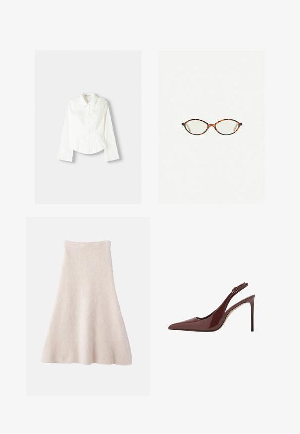 Biela košeľa na gombíky s dlhými rukávmi, s klasickým golierom, štruktúrovaným strihom a jemnými vertikálnymi švami pre pridaný detail.; Svetlo béžová sukňa A-linie vyrobená z mäkkej, textúrovanej tkaniny, s hladkým pásom a splývavým strihom.; Hnedé lakované kožené vyžuté lodičky s jemnou špičkou a nastaviteľným prackovým remienkom, na tenkom stiletto podpätku.; Korytnačkové okuliare s oválnymi šošovkami a hladkým, lesklým povrchom. Majú tenké strany s jemným zakrivením na spánkoch. Priehľadné šošovky.