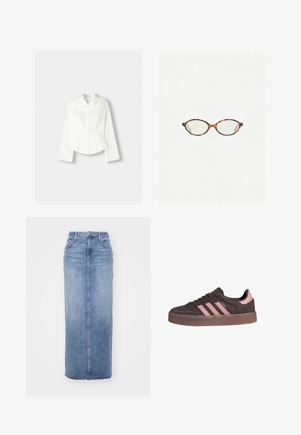 Witte overhemdd met lange mouwen, voorzien van een klassieke kraag, gestructureerde pasvorm en subtiele verticale naden voor extra detail.; Lange spijkerrok in lichtblauw, met een rechte snit, voornaad, rafelige zoom, klassieke vijf zakkenontwerp en metalen knoopsluiting.; Bruine suède sneaker met roze drie strepen en hielaccent. Beschikt over een ronde neus en een gestructureerde rubberen zool met een transparante rand.; Kattenoogbril met ovale lenzen en een strakke, gladde afwerking. Heeft dunne zijkanten met een subtiele kromming bij de slapen. Transparante lenzen.; Zign LEATHER - Shopper - light brown